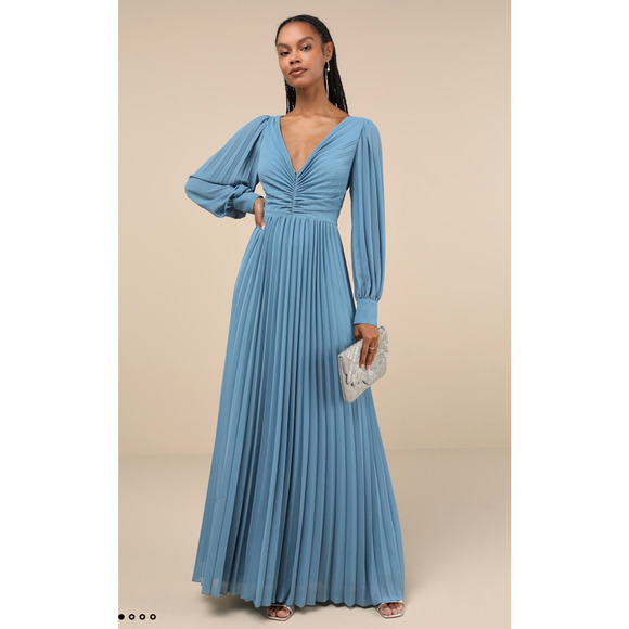 Lulus Slate Blue Pleated Long Sleeve Sophisticated Grace Maxi Dress Size L - Picture 8 of 10
